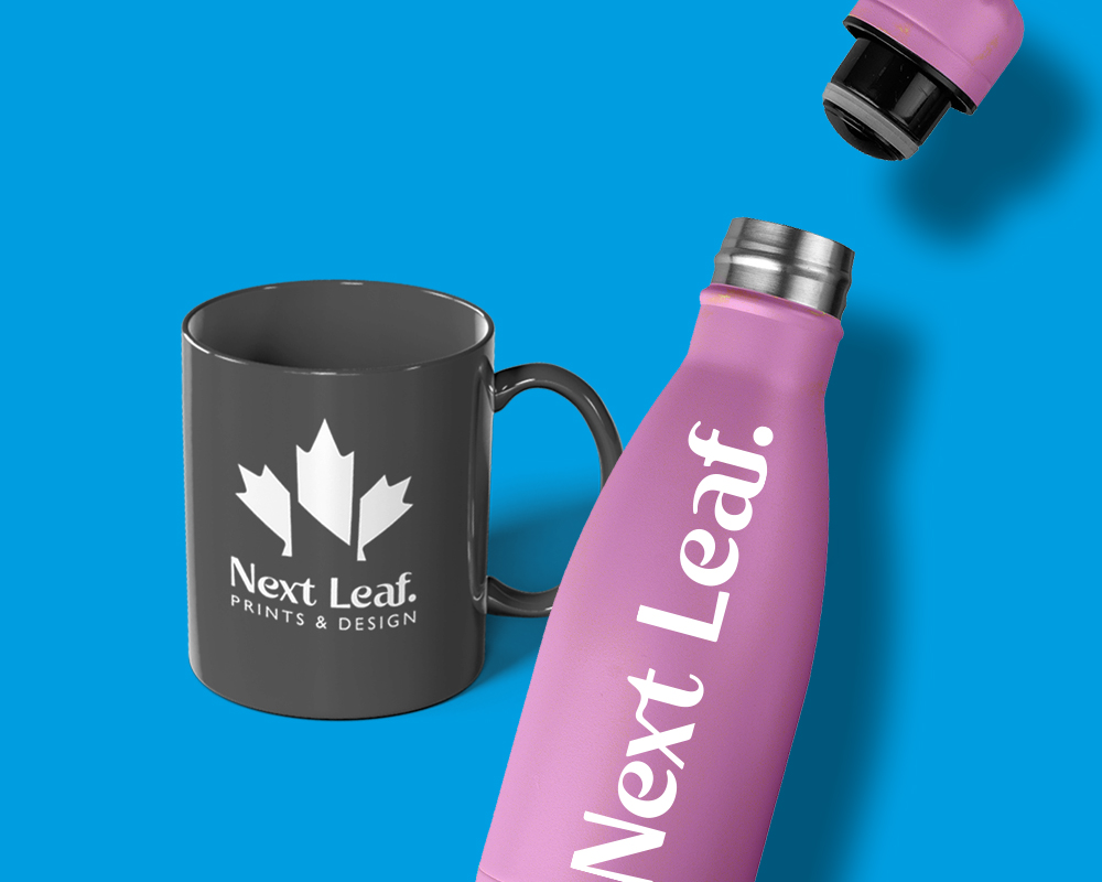 Custom branded drinkware including mugs and bottles